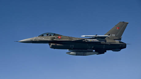 A Royal Danish Air Force F-16 jet takes part in the NATO exercise as part of the NATO Air Policing mission, on July 4, 2023.