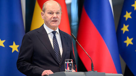 Germany's Chancellor Olaf Scholz addresses a joint press conference with Slovenia's Prime Minister after their meeting in Brdo Estate, near Kranj, on March 26, 2024.